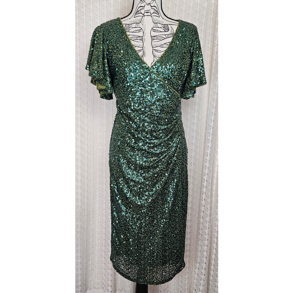 Marina Green Sequin Faux Wrap Dress Angel Wings Size 8